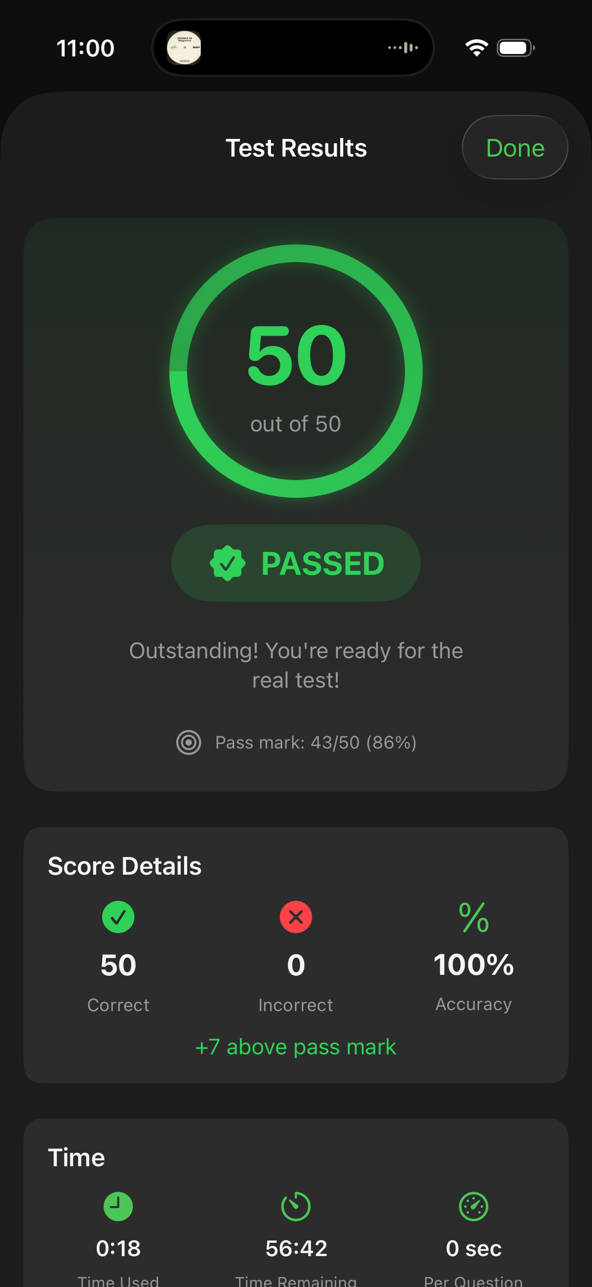 Test results showing passed score
