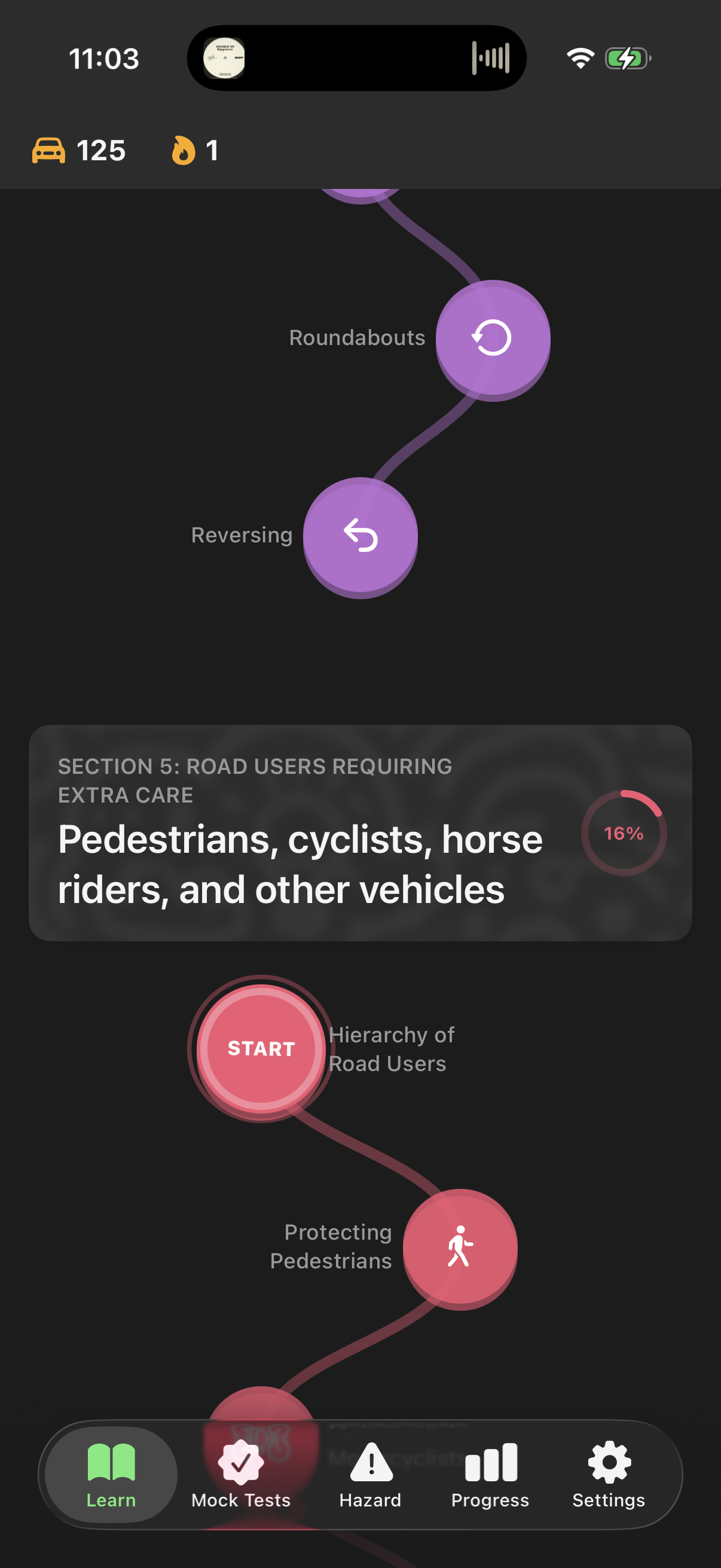 Theory Test Ready learning path showing structured lessons